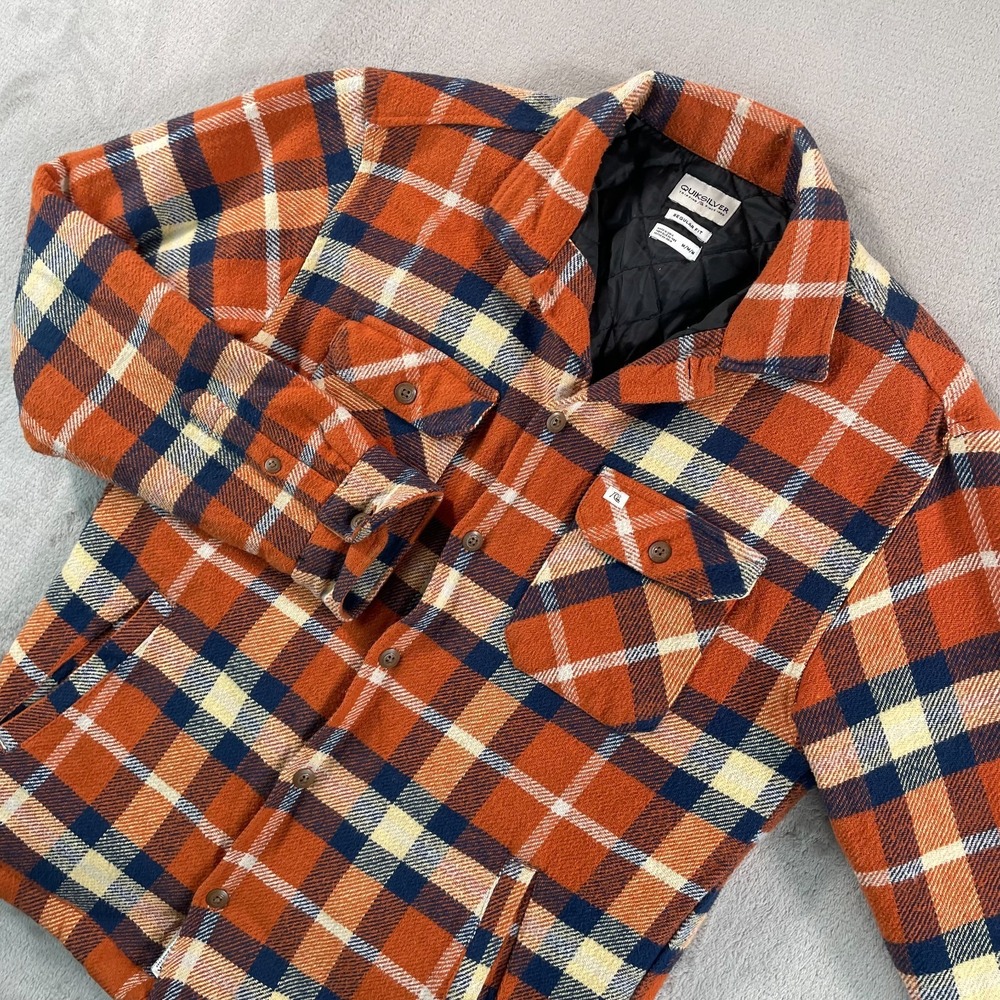 Quiksilver‎ Shirt Jacket Men Medium Orange Plaid Quilt Lined Flannel Shacket